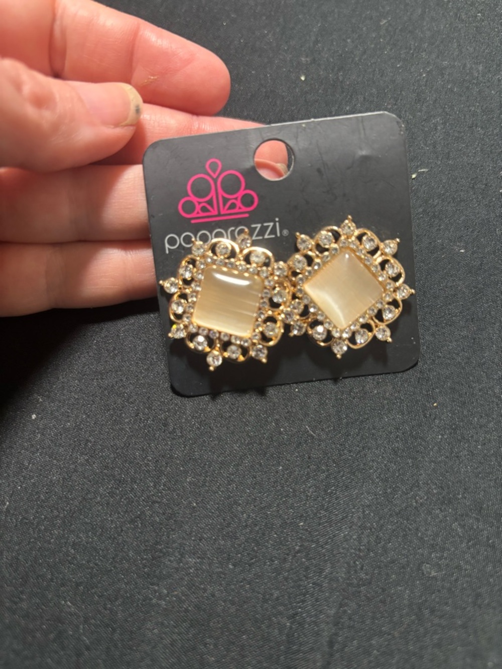 Clip on Paparazzi Gold and Cream Ornate Square Stud Earrings